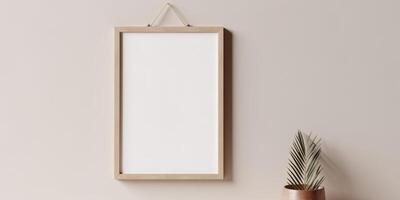 Blank Wooden Picture Frame Mockup Hanging on Wall Empty Poster Mockup for Art Display. Front View with Copy Space AI Generated photo