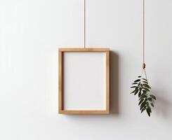 Blank Wooden Picture Frame Mockup Hanging on Wall Empty Poster Mockup for Art Display. Front View with Copy Space photo