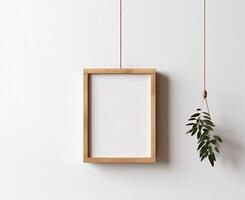 Blank Wooden Picture Frame Mockup Hanging on Wall Empty Poster Mockup for Art Display. Front View with Copy Space AI Generated photo