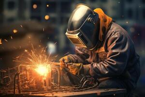 Welder Wearing Welding Gear with Sparks A Skilled Welder in the Industrial Setting with Bokeh and Sparkle Background, photo