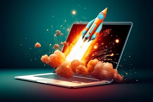 ordenador portátil pantalla emite cohete, simbolizando puesta en marcha ideas, ai generado foto
