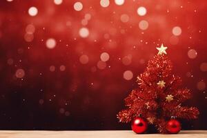 Christmas Splendor Xmas Tree and Bokeh Lights on Red Canvas Background AI Generated photo