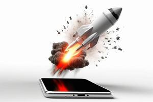 Phone screen shoots rocket on white background, photo