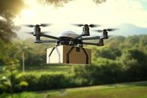 Futuristic Drone Delivery Revolutionizing Business Air Transportation with Unmanned Aircraft Robots, package flying through the air off a drone photo