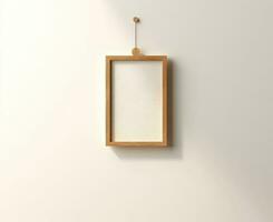 blanco de madera imagen marco Bosquejo colgando en pared vacío póster Bosquejo para Arte mostrar. frente ver con Copiar espacio ai generado foto