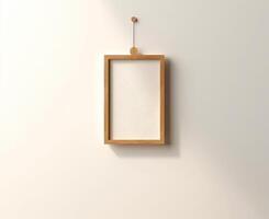 Blank Wooden Picture Frame Mockup Hanging on Wall Empty Poster Mockup for Art Display. Front View with Copy Space photo