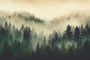 Enchanting Mist Vintage Retro Hipster Style Fir Forest Landscape photo