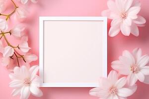 Blooms Pink Flower and White Square Frame Creative Layout for Advertising Card or Invitation AI Generated photo