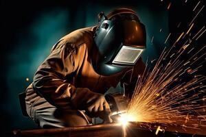 Welder Wearing Welding Gear with Sparks A Skilled Welder in the Industrial Setting with Bokeh and Sparkle Background, photo