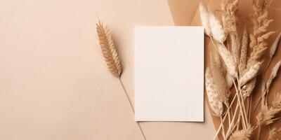 Mockup Paper Wedding Invitation Boho Minimal Style Greeting Card for Wedding Invitations and Birthday Stationery. Top View Flat Lay Copyspace. AI Generated photo