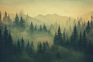 Enchanting Mist Vintage Retro Hipster Style Fir Forest Landscape photo