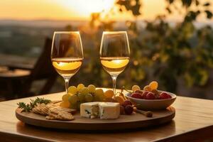 Two wine glasses, cheese and green grapes. a sunset in the background photo