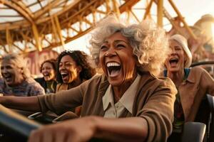 60 year old women speeding down a roller coaster created with Generative Al technology photo