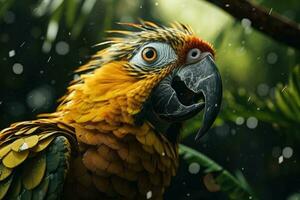 of a Colorful parrot in the rain created with Generative Al technology photo