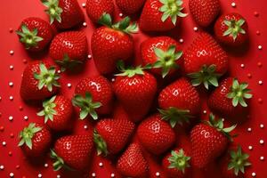 strawberries of different shapes on a red background created with Generative Al technology photo