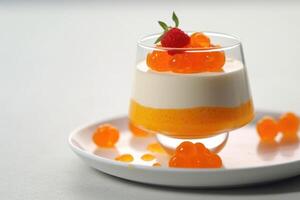 Panna cotta with cloudberries created with Generative Al technology photo