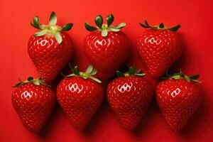 strawberries of different shapes on a red background created with Generative Al technology photo