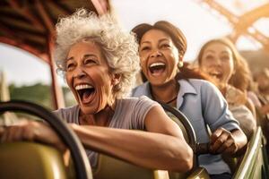 60 year old women speeding down a roller coaster created with Generative Al technology photo