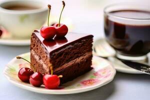 pedazo de Belga Cereza chocolate pastel y taza de té creado con generativo Alabama tecnología foto