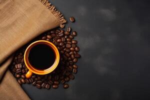 Cup of coffee and coffee beans created with Generative Al technology photo