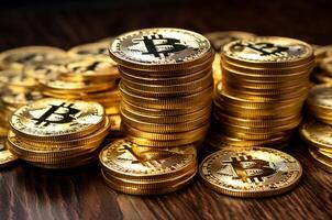 Stacks of Bitcoin coins. Cryptocurrency. photo
