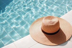 Paja sombrero en el lado de el piscina. verano accesorio. playa día festivo. tocado. generativo ai foto