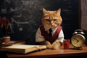 gato maestro. espalda a escuela. el gato profesor se sienta a el mesa y en contra el antecedentes de el colegio tablero. generativo ai foto