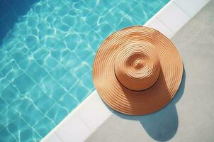 Straw hat on the side of the pool. Summer accessory.  Beach holiday. Generative AI photo