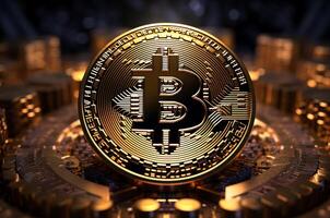 Bitcoin. Bitcoin coin. New currency. Cyberspace. photo