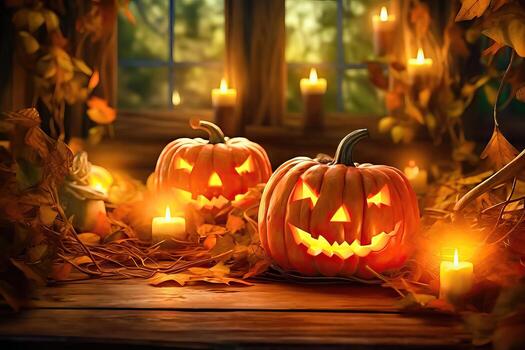 Sinister Pumpkin Ensemble with Candlelit Eyes - Halloween Concept - photo