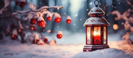 Holiday Lantern in Winter Wonderland - Christmas Decor - Generative AI photo