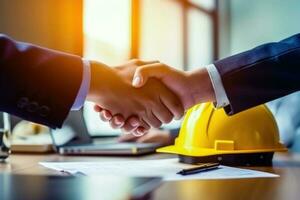 Partnership Sealed - Handshake Over Construction Plans - Generative AI photo