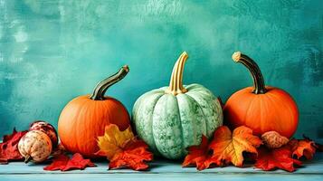 Autumn Harvest - Group of Pumpkins and Fallen Leaves on Table - Generative AI photo