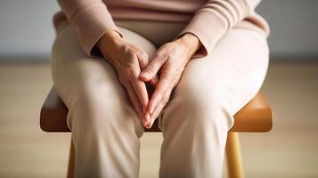 A lonely woman sits with her hands clasped between her knees - Generative AI photo