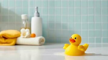 Quirky Bathroom Decor - Small Yellow Duck Toy as a Charming Accent - Generative AI photo