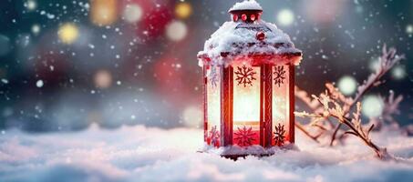 Navidad linterna en Nevado antecedentes - fiesta ambiente - generativo ai foto