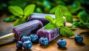 Scrumptious Blueberry Ice Cream - A Sweet Delight on a Rustic Wooden Table - Generative AI photo