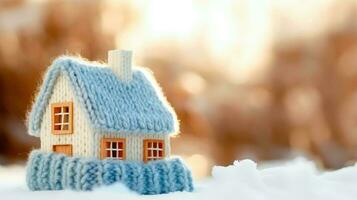 Charming knitted house - a cozy abode on a blurry winter background - Generative AI photo