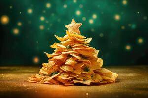 Chips-themed Christmas Tree on Bokeh Background - Quirky and Fun Holiday Display - Generative AI photo