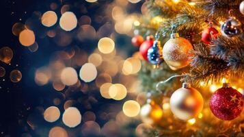 Magical Christmas Tree Greeting Card with Sparkling Ornaments - Generative AI photo