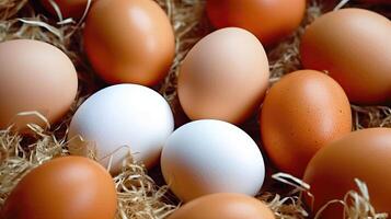 Farm Eggs on Bed of Straw and Burlap Texture - photo