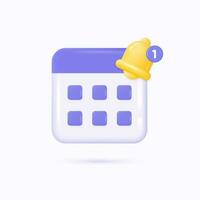 3d calendario y amarillo campana icono en dibujos animados estilo. concepto de negocio planificación alerta, recordatorios, eventos. 3d representación. vector ilustración aislado en blanco antecedentes