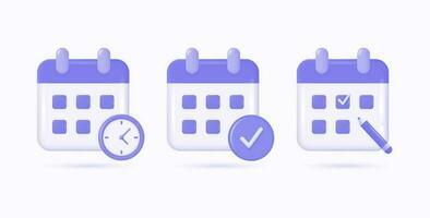 3d calendar icons in three versions with clock, pencil and check mark. vector illustration in realistic style isolated on white background