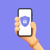 3d hand hold mobile phone ,shield icon with a lock in a minimalistic style. privacy or security protection concept. vector illustration isolated on white background