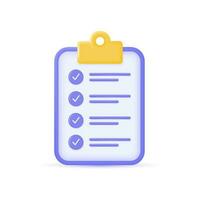 3d checklist with check marks in a minimalistic cartoon style. concept of planning, doing assignments, exam or testing. vector illustration isolated on white background.