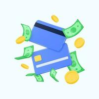 credit cards, green dollars and gold coins in flight. vector realistic 3d illustration in cartoon style. concept of payment for purchases by card, money management.