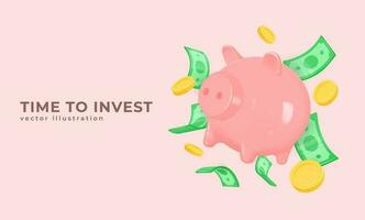 3d pig piggy bank, gold coins and dollar banknotes in flight. realistic vector illustration. the concept of accumulation, investment, money management, payment for purchases, loans.