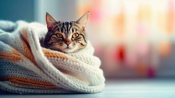 acogedor gato envuelto en un de punto bufanda - calor y comodidad - generativo ai foto