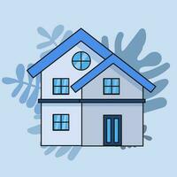 Simple house isolated vector. Blue theme color, black stroke, leaf shape background. Single urban residence vector illustration.