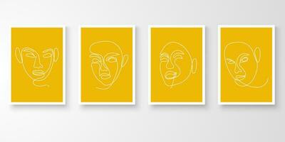 Set of one line face wall art in white frames. Foliage line art drawing with abstract shape. Art vector illustration.